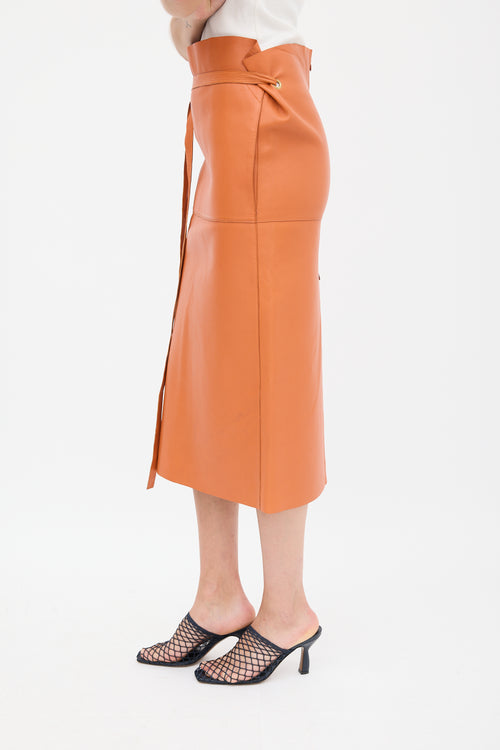 Celine Orange Leather Tie Waist Midi Skirt