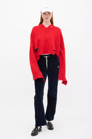 Celine Red Distressed Wool Crop Sweater