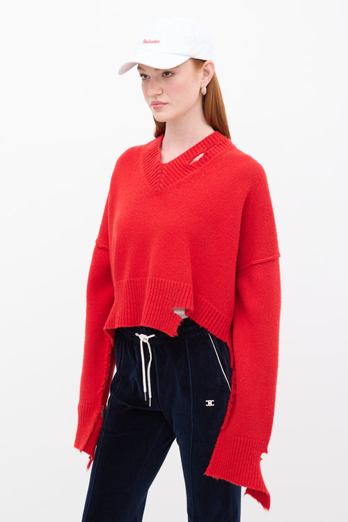 Celine Red Distressed Wool Crop Sweater