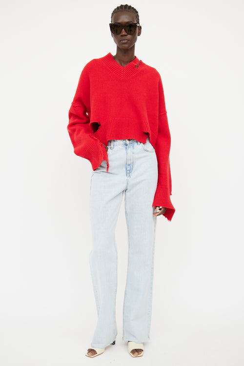 Celine Red Distressed Wool Crop Sweater