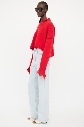 Celine Red Distressed Wool Crop Sweater