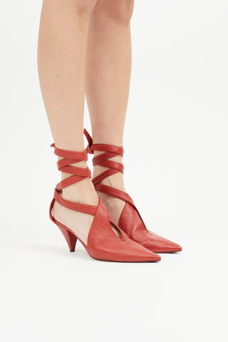 Celine Red Leather Lace Up Heel Pump