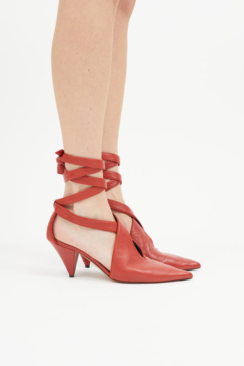 Celine Red Leather Lace Up Heel Pump
