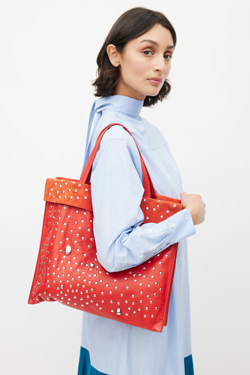 Celine SS 2017 Red & Silver Studded Cabas Tote Bag