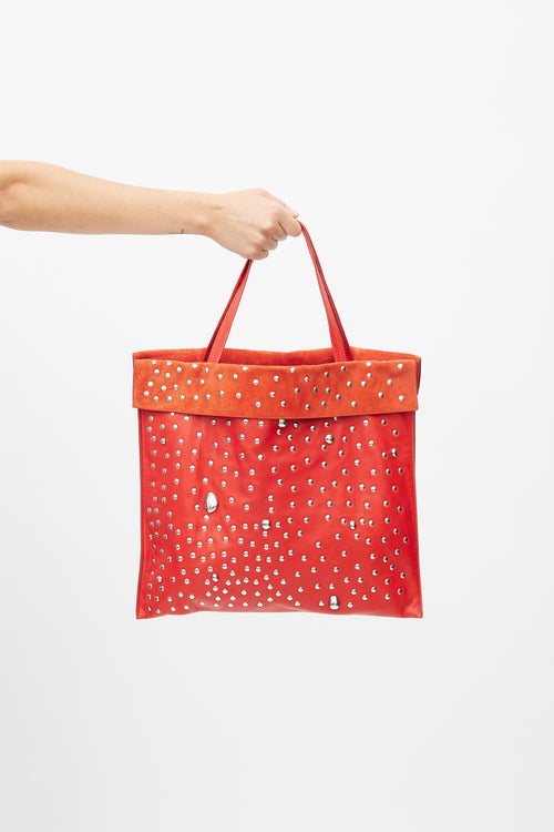 Celine SS 2017 Red & Silver Studded Cabas Tote Bag