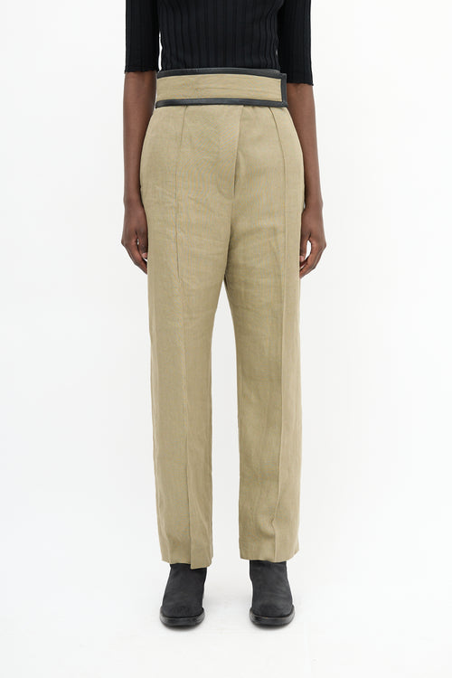 Celine Sage Green Linen & Leather Trim Trouser