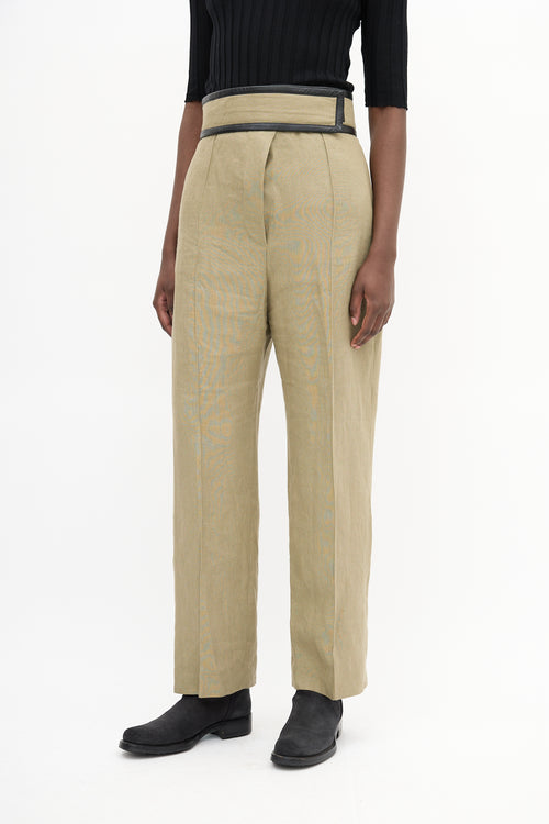 Celine Sage Green Linen & Leather Trim Trouser