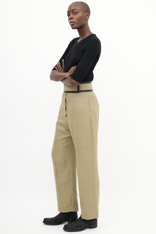 Celine Sage Green Linen & Leather Trim Trouser