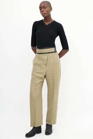 Celine Sage Green Linen & Leather Trim Trouser