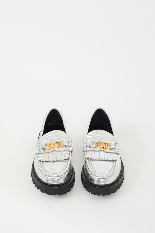 Celine Silver Embossed Leather Margaret Fringe Loafer