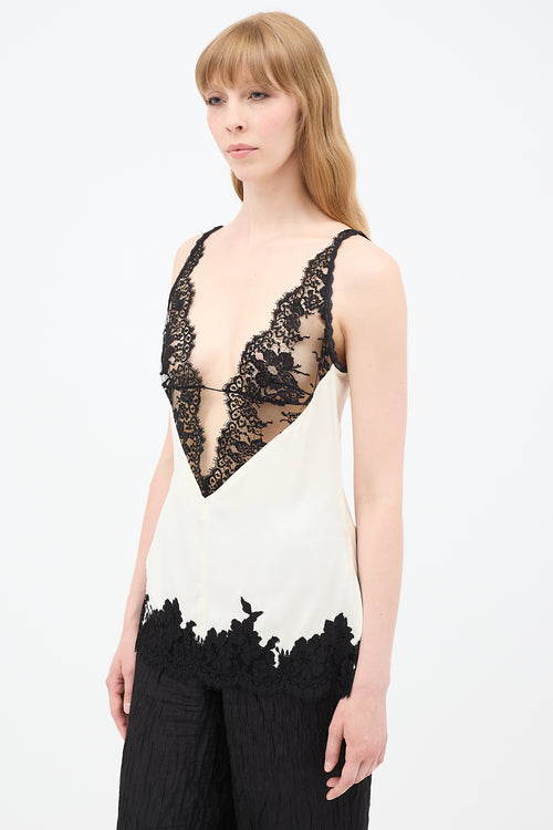 Celine Spring 2016 White & Black Silk Lace Cami Top