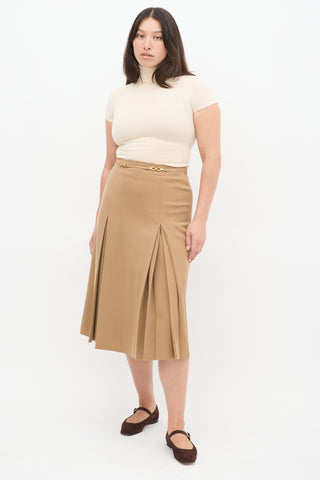 Celine Vintage Brown Wool Box Pleated Midi Skirt