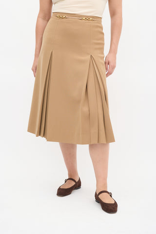 Celine Vintage Brown Wool Box Pleated Midi Skirt