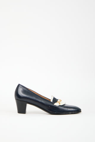 Celine Vintage Navy & White Leather Heeled Loafer