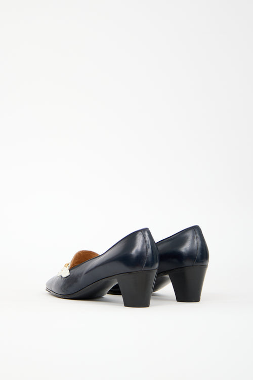 Celine Vintage Navy & White Leather Heeled Loafer