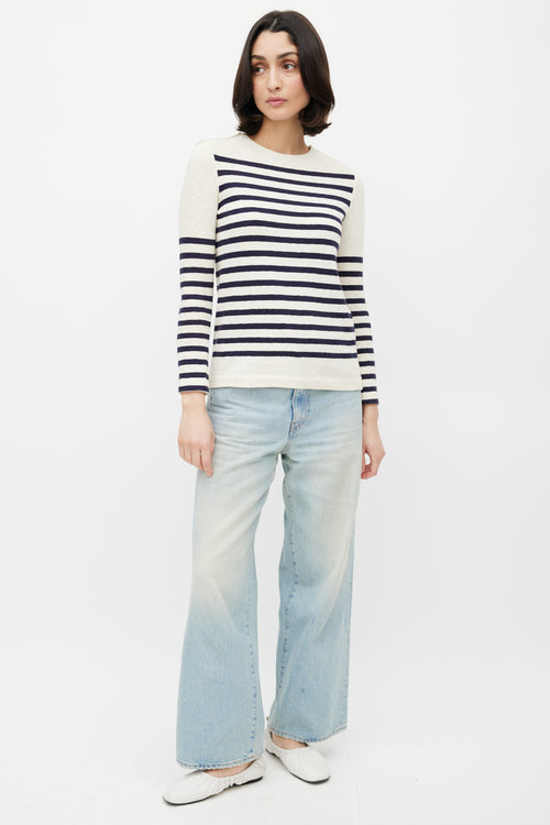 Celine Cream & Navy Striped Knit Zip Sweate