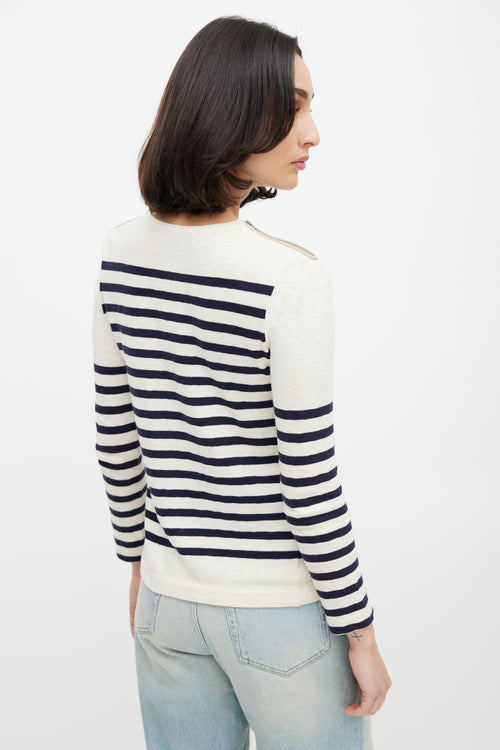 Celine Cream & Navy Striped Knit Zip Sweate
