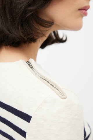 Celine Cream & Navy Striped Knit Zip Sweate