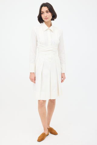 Celine White Cotton Tie Waist Pleated Shirt Dress