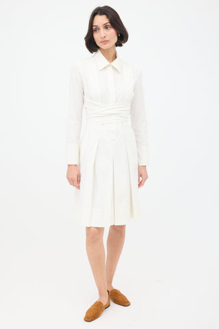 Celine White Cotton Tie Waist Pleated Shirt Dress