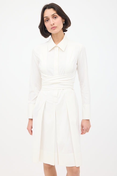 Celine White Cotton Tie Waist Pleated Shirt Dress