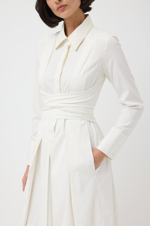 Celine White Cotton Tie Waist Pleated Shirt Dress