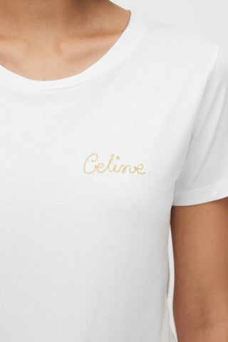 Celine White & Gold Embroidered Logo T-Shirt