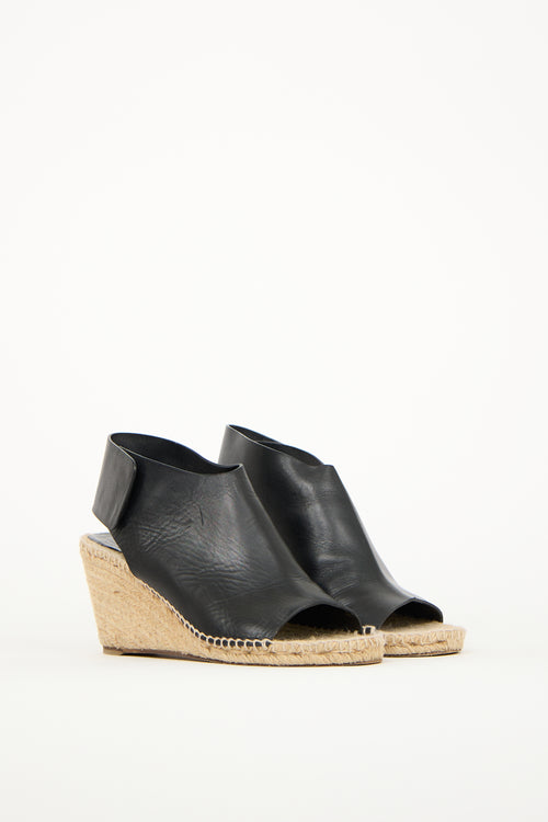 Celine Black Leather Espadrille Wedge Sandal