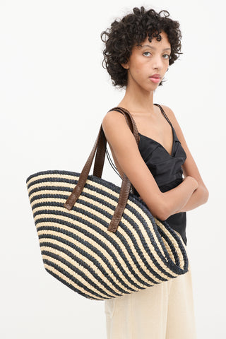 Cesta Beige & Black Raffia Striped Taco Tote Bag