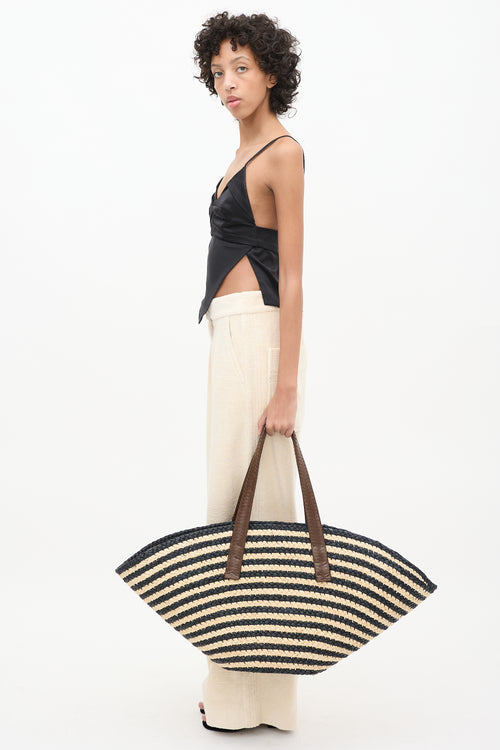 Cesta Beige & Black Raffia Striped Taco Tote Bag