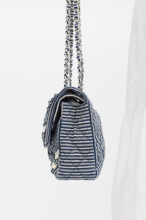 Chanel 2006-8 Blue & White Cotton Fringed Double Flap Bag