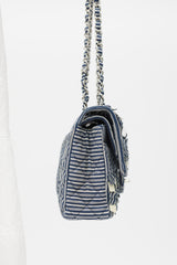 Chanel 2006-8 Blue & White Cotton Fringed Double Flap Bag