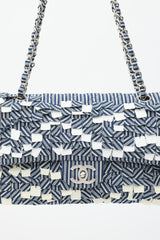 Chanel 2006-8 Blue & White Cotton Fringed Double Flap Bag
