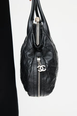 Chanel 2006 Black & Silver Expandable Zip Around Leather Bag