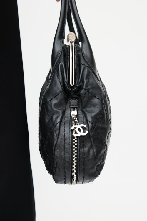 Chanel 2006 Black & Silver Expandable Zip Around Leather Bag