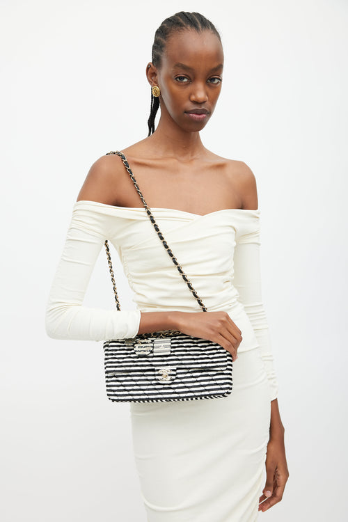 Chanel 2006 Black & White Striped Velvet Classic Flap Bag
