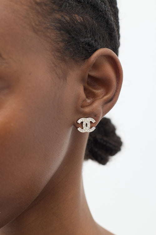 Chanel 2007 Silver Rhinestone CC Stud Earrings