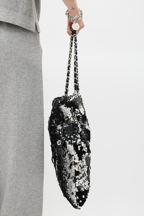 Chanel 2008 Black & Silver Sequin CC Summer Nights Drawstring Bag