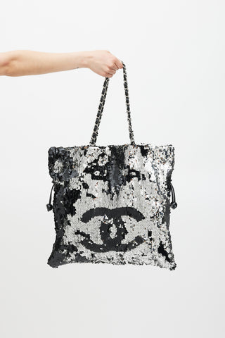 Chanel 2008 Black & Silver Sequin CC Summer Nights Drawstring Bag