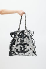 Chanel 2008 Black & Silver Sequin CC Summer Nights Drawstring Bag