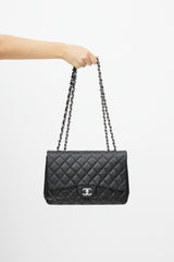 Chanel 2009 Black & Silver Jumbo Single Flap Leather Bag