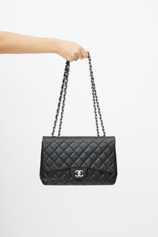 Chanel 2009 Black & Silver Jumbo Single Flap Leather Bag