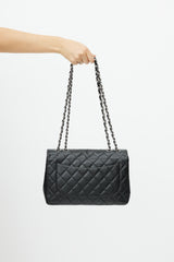 Chanel 2009 Black & Silver Jumbo Single Flap Leather Bag