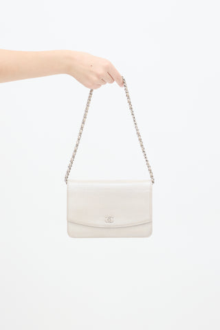Chanel 2009 Pearl White Sevruga Caviar Leather Wallet On Chain Bag