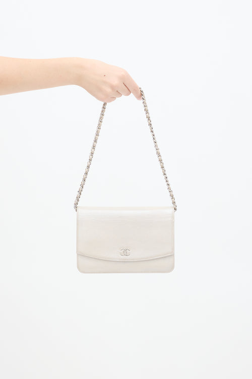 Chanel 2009 Pearl White Sevruga Caviar Leather Wallet On Chain Bag