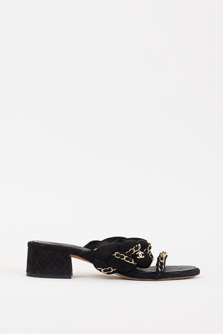 Chanel 2017 Black & Gold Suede Chain Braided CC Sandal