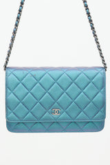 Chanel 2017 Blue Iridescent Quilted Wallet On Chain Bag