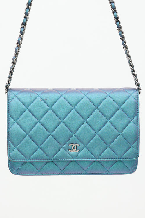 Chanel 2017 Blue Iridescent Quilted Wallet On Chain Bag