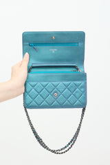 Chanel 2017 Blue Iridescent Quilted Wallet On Chain Bag