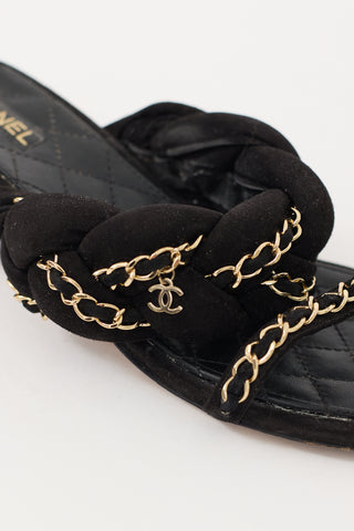 Chanel 2017 Black & Gold Suede Chain Braided CC Sandal